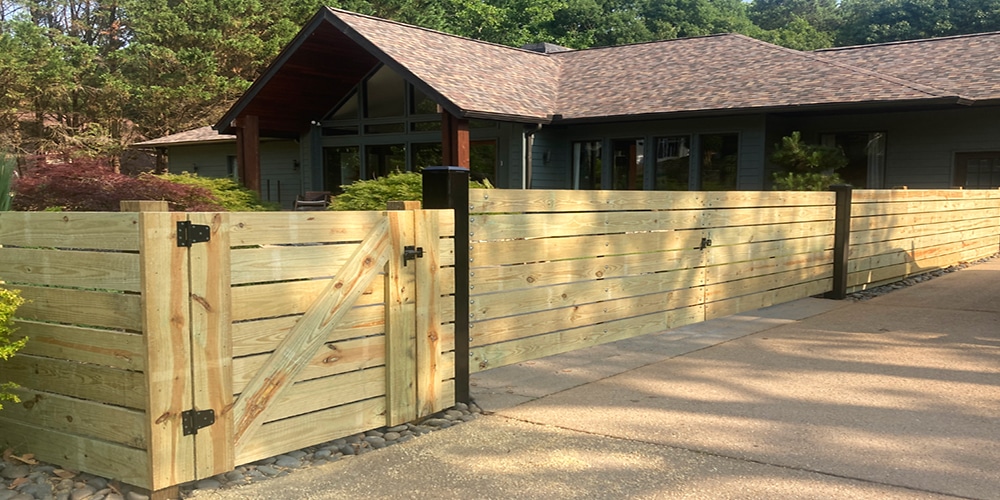 Horizontal board privacy fence, walk gate, and drive gate