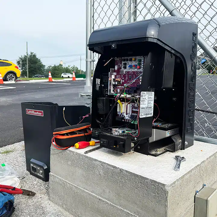 LiftMaster-CSW24UL-commercial-sliding-gate-control-panel-during-repair-in-Jasper-Georgia